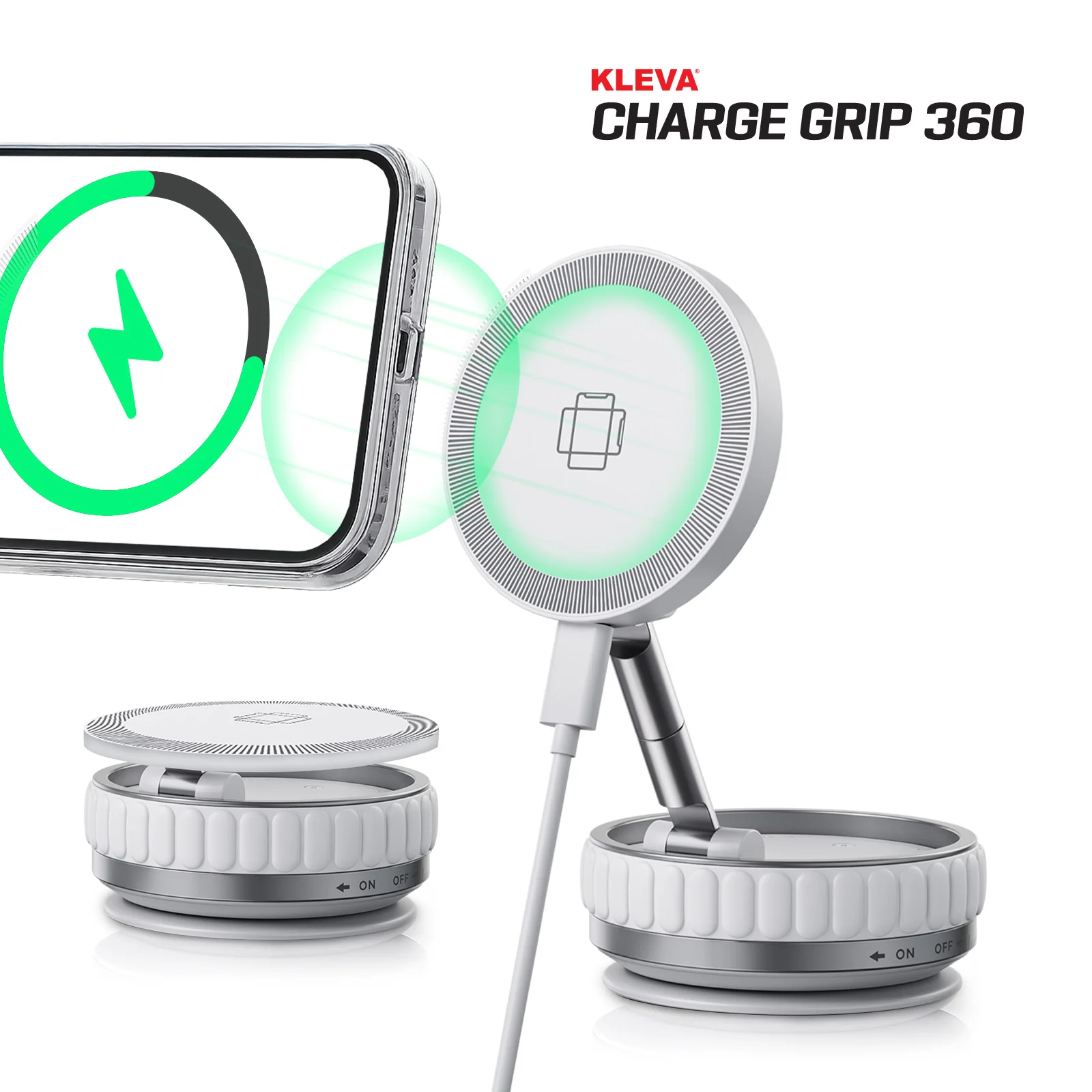 KLEVA® Charge Grip 360 – MagSafe-Compatible Suction Phone Mount & Wireless Charging Stand